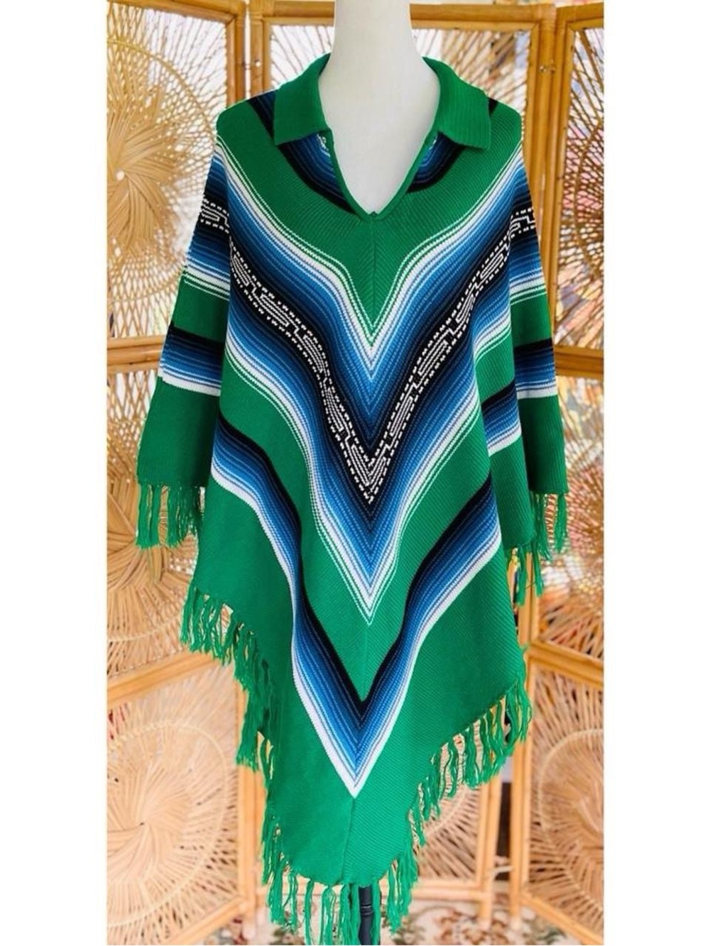 Vintage 60s 70s Green Blue White Black Fringe Southwestern Poncho Cape Boho